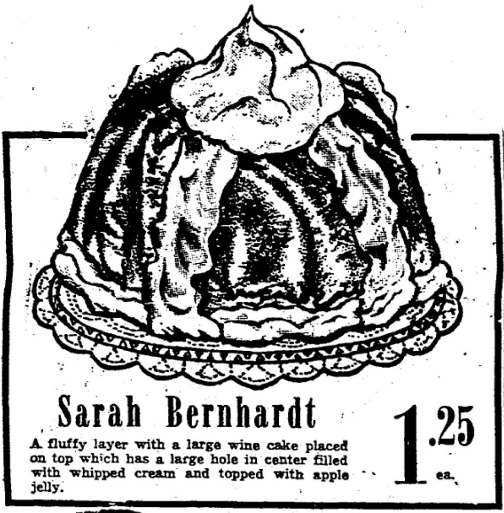 An image from an ad for a Sarah Bernhardt cake, as published in The Daily Picayune.